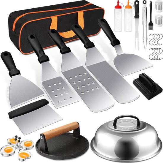 Grillzubehör Set 29 Teilig Für Grillplatten Inklusive Pfannenwender, Burgerpresse Und Tragetasche Für Grillabende Im Freien 1 Set