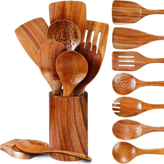 9 Teiliges Kochgeschirr Set Aus Holz Antihaftbeschichtung Kochgeschirr Set Inkl. Halter Gesundes Kochen Wok Pfannenwender Küchenzubehör Holzspate