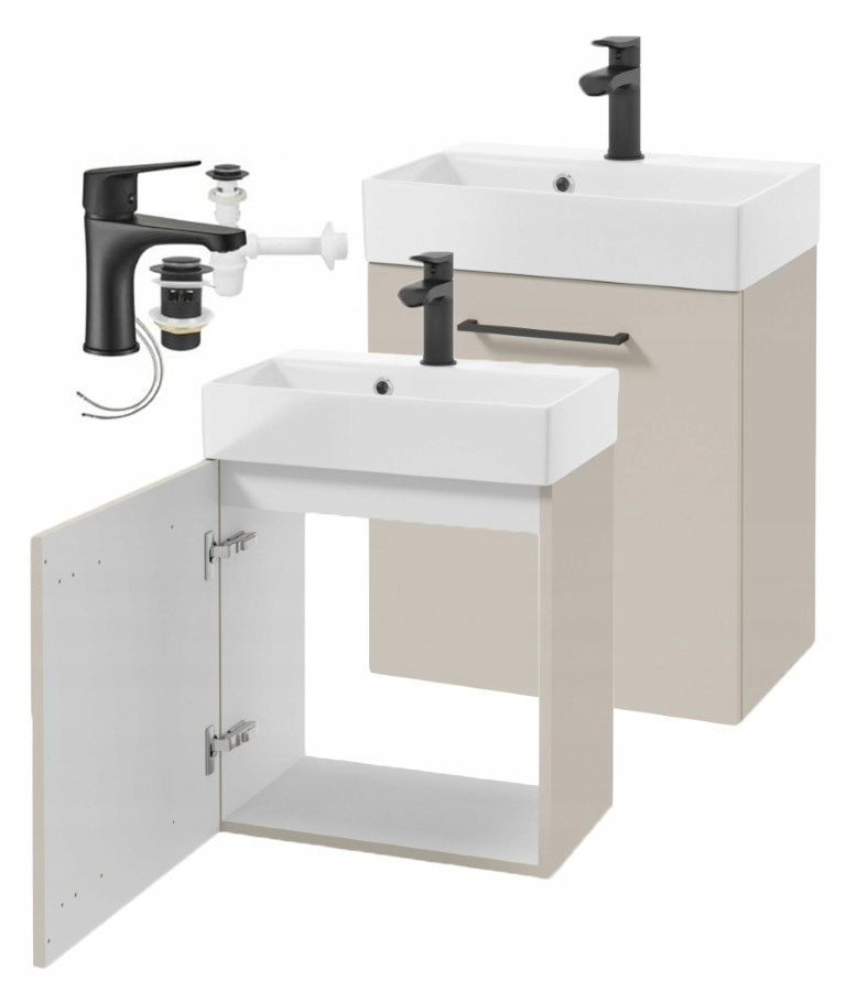 Wandhängender Badezimmerschrank Mit Kaschmirwaschbecken, Schwarzem Griff (60 X 50 Cm), Elara-armatur Und Siphon