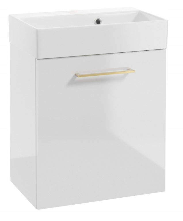 Wandhängender Badezimmerschrank Mit Waschbecken 60x50cm Weiß Hochglanz Goldgriff Elara