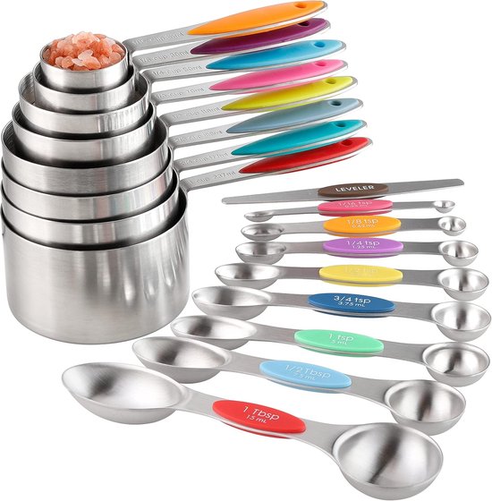 Das Messbecher Und Löffelset Aus Edelstahl Enthält 8 Stapelbare Messbecher, 8 Doppelseitige Magnetische Messlöffel Und 1 Wasserwaage. Als Küchenu