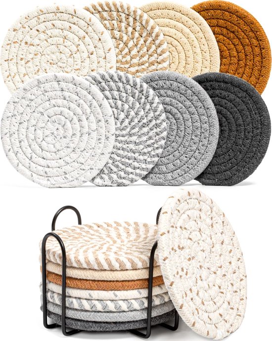 8 Teiliges Set Untersetzer Mit Halter Untersetzer Saugfähige Untersetzer Untersetzer Set Getränkeuntersetzer Rund Baumwolle 8 Farben Boho Stil Ge