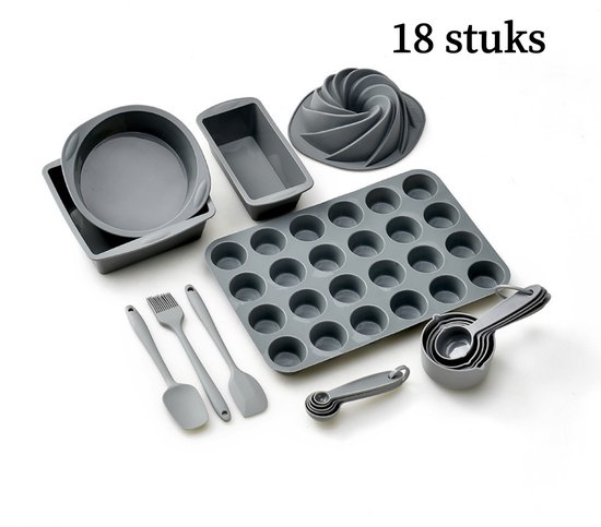 18 Teiliges Silikon Backset Kuchenformen, Spatel, Pinsel, Messbecher Und Löffel, Kastenform Hitzebeständig Bis 230 °c Alles In Einem Für Hobbybäc