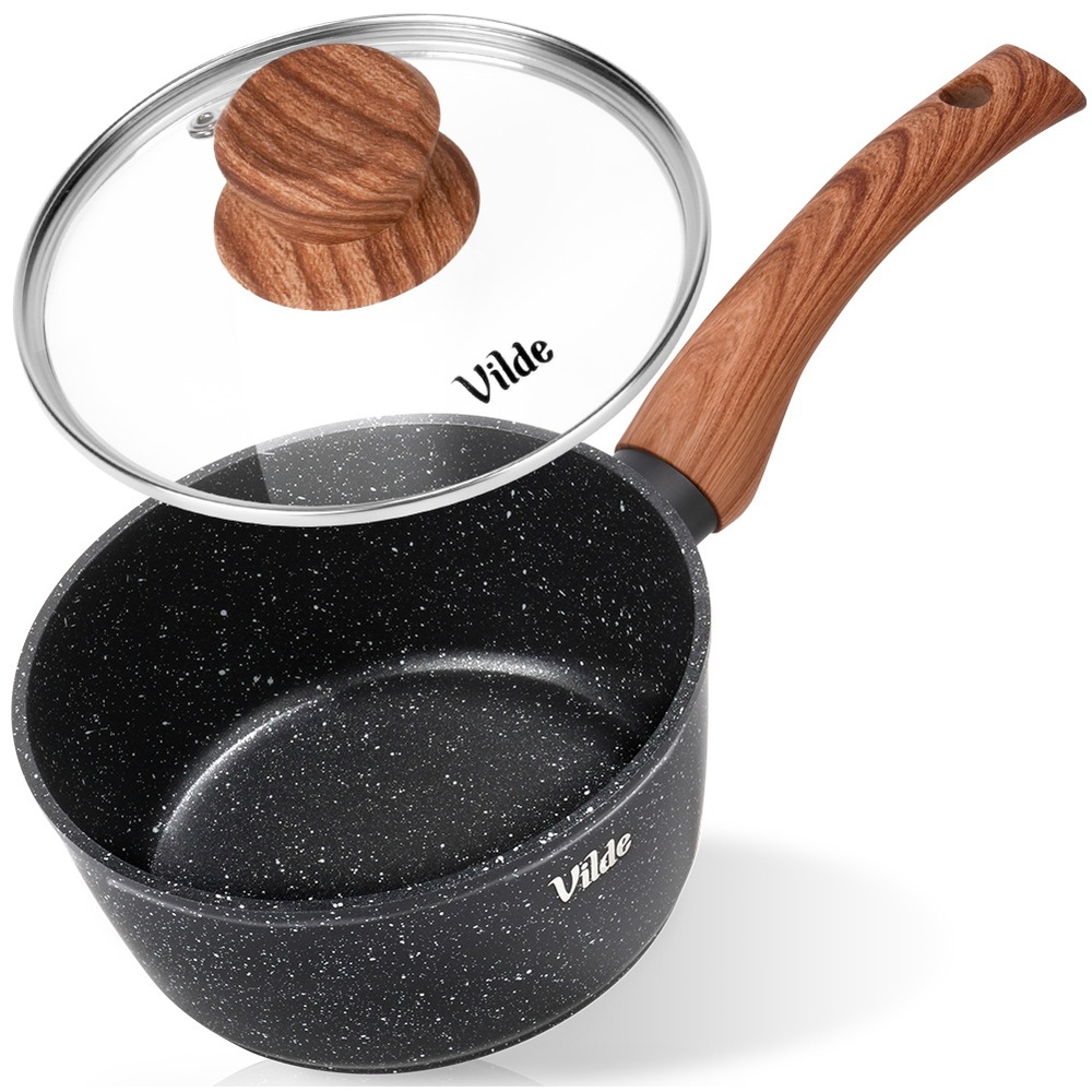 Granit-kochtopf Mit Glasdeckel, Granitica-holz, 16 Cm, 1,2 L