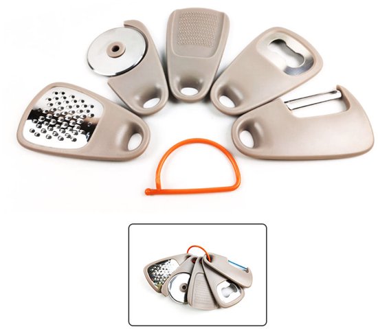 Küchenhelfer Set 5 In 1 Set Sparschäler Reibe Flaschenöffner Pizzaschneider Knoblauchmühle Tragbare Küchenhelfer Edelstahl Aufhängbar Für Camping