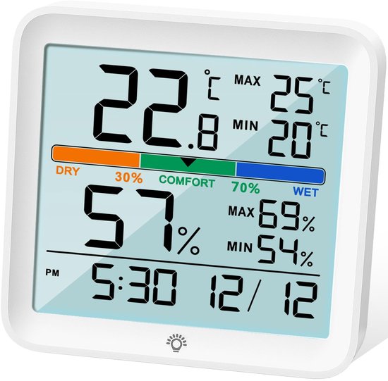Innenthermometer/hygrometer Digitales Präzisions Feuchtigkeitsmessgerät Temperaturmonitor Mit Max/min Aufzeichnung, Beleuchtetem Lcd Display, Uhr