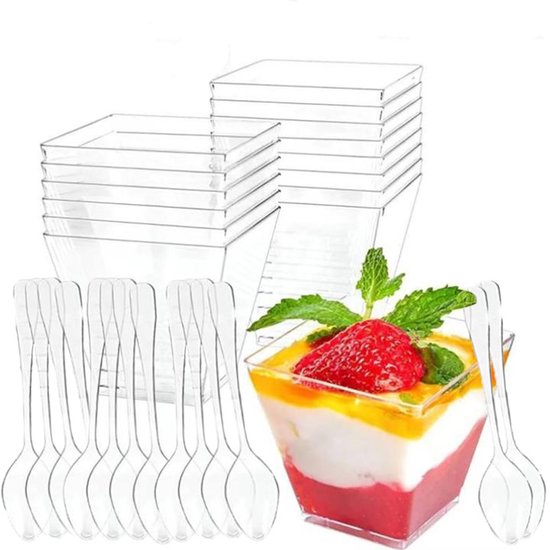 15 Teiliges Dessertbecher Set Dessertbecher Aus Kunststoff Quadratische Dessertbecher Inkl. 15 Löffeln Transparentes Design Für Kuchen, Pudding,