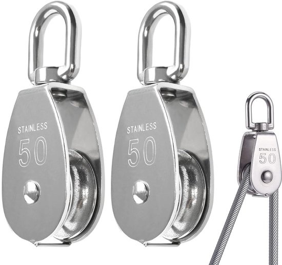 2 Stück Schwerlast Einzelrollen M50 Aus Edelstahl, 360° Drehbar, Für Seile, Tragfähigkeit Bis 400 Kg