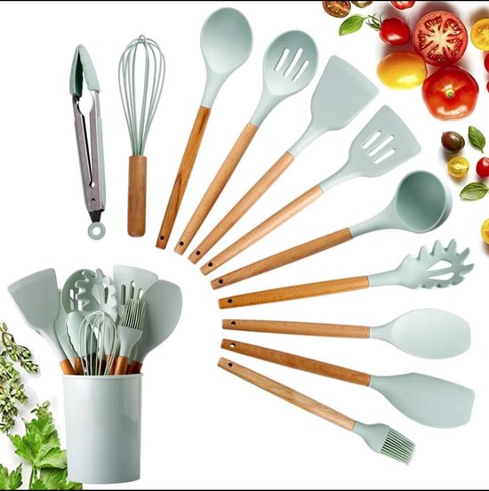 Küchenhelfer Set Aus Silikon 12 Teilig Silikonspatel Silikonspatel Set Küchenspatel Set Mit Halter Löffel Pfannenwender Zange Mintgrün