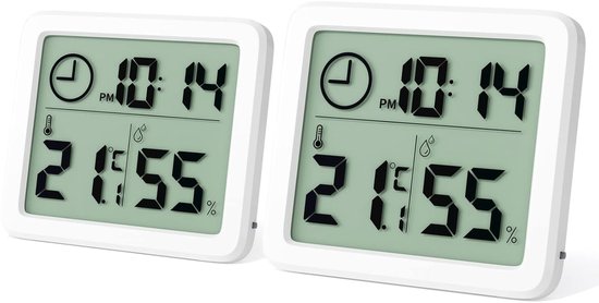 2 X Mini Digitalthermometer Für Den Innenbereich, Tragbares, Professionelles Großdisplay Mit Uhr, Präzises Weißes Thermometer, Hygrometer Für Zuh