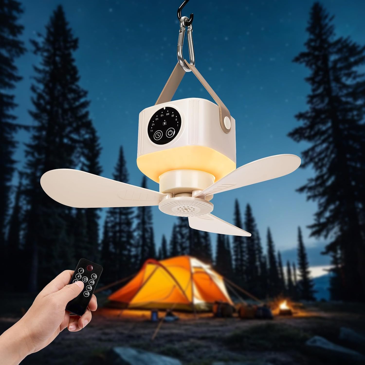 Tragbarer, Per Usb Aufladbarer Deckenventilator Mit Led-licht, Fernbedienung, 4 Geschwindigkeitsstufen Und Timer, Ideal Für Camping, Wohnmobil Und Zelt, Beige