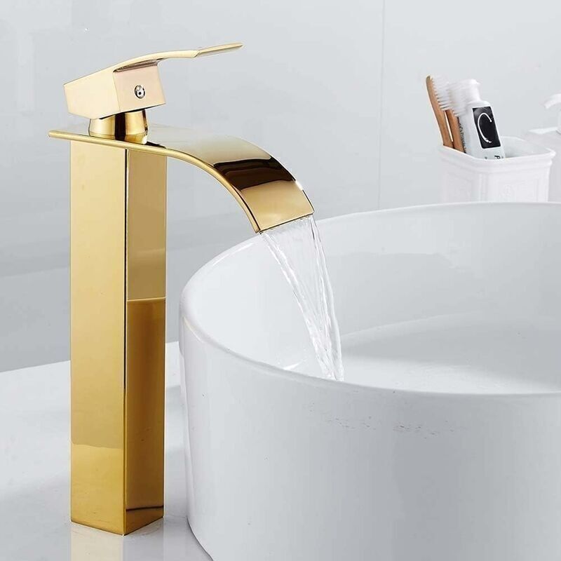 Hoch Aufragende Wasserfall-waschtischarmatur. Moderne, Quadratische Einloch-mischbatterie Aus Chrom Für Warm- Und Kaltwasser (gold).