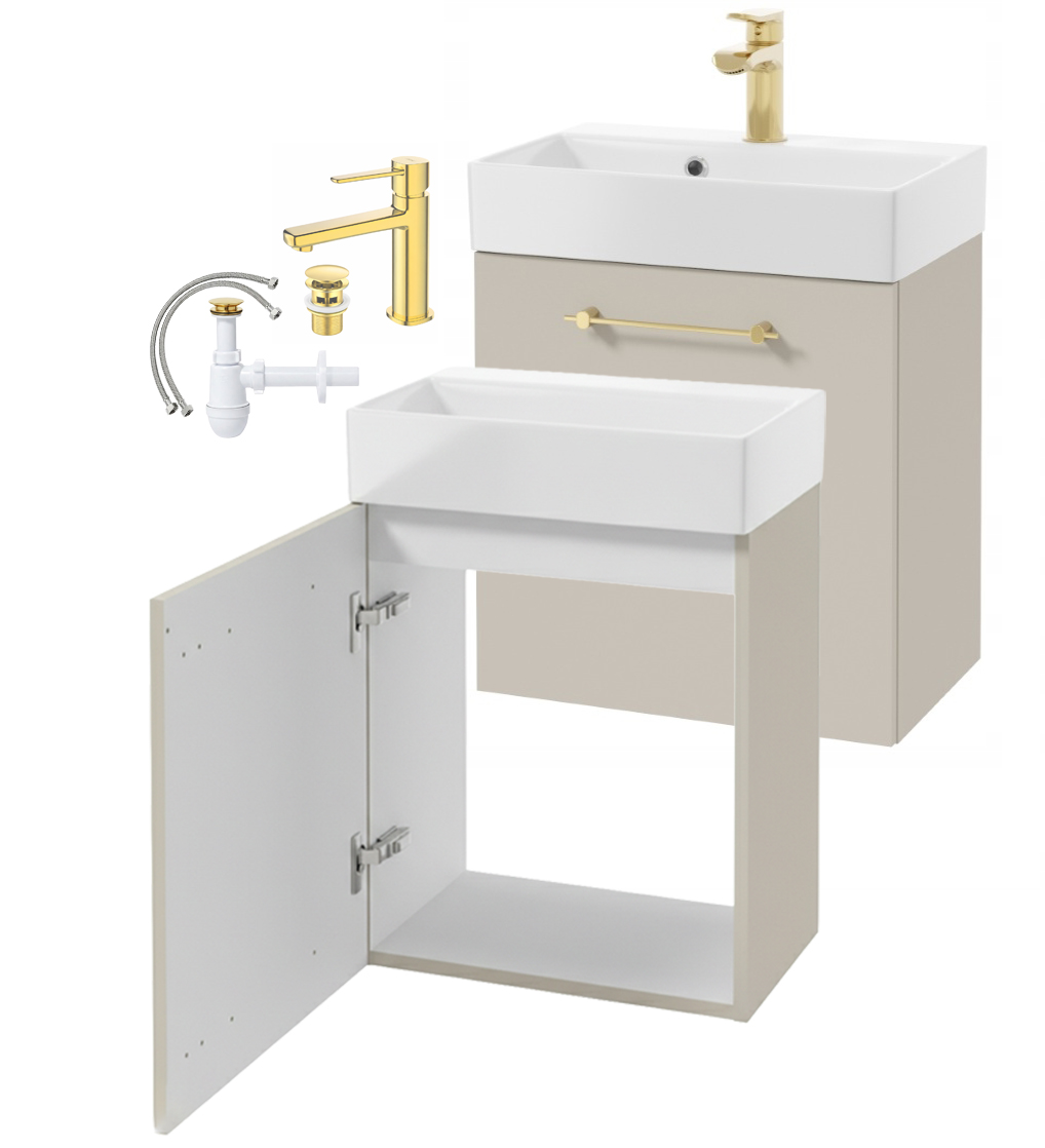 Wandhängender Badezimmerschrank Mit Waschbecken Und Goldfarbener Kaschmirarmatur 60x50cm Elara
