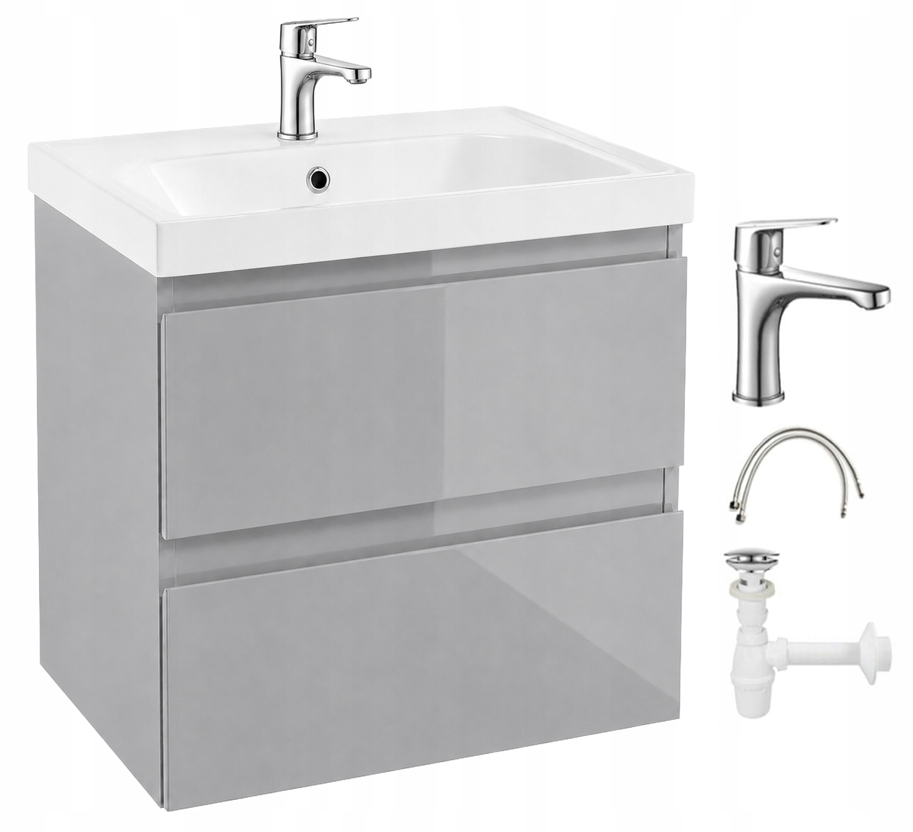 Wandhängender Badezimmerschrank Mit Waschbecken Und Armatur, Chromgrau Hochglanz, 60 Cm Durchmesser