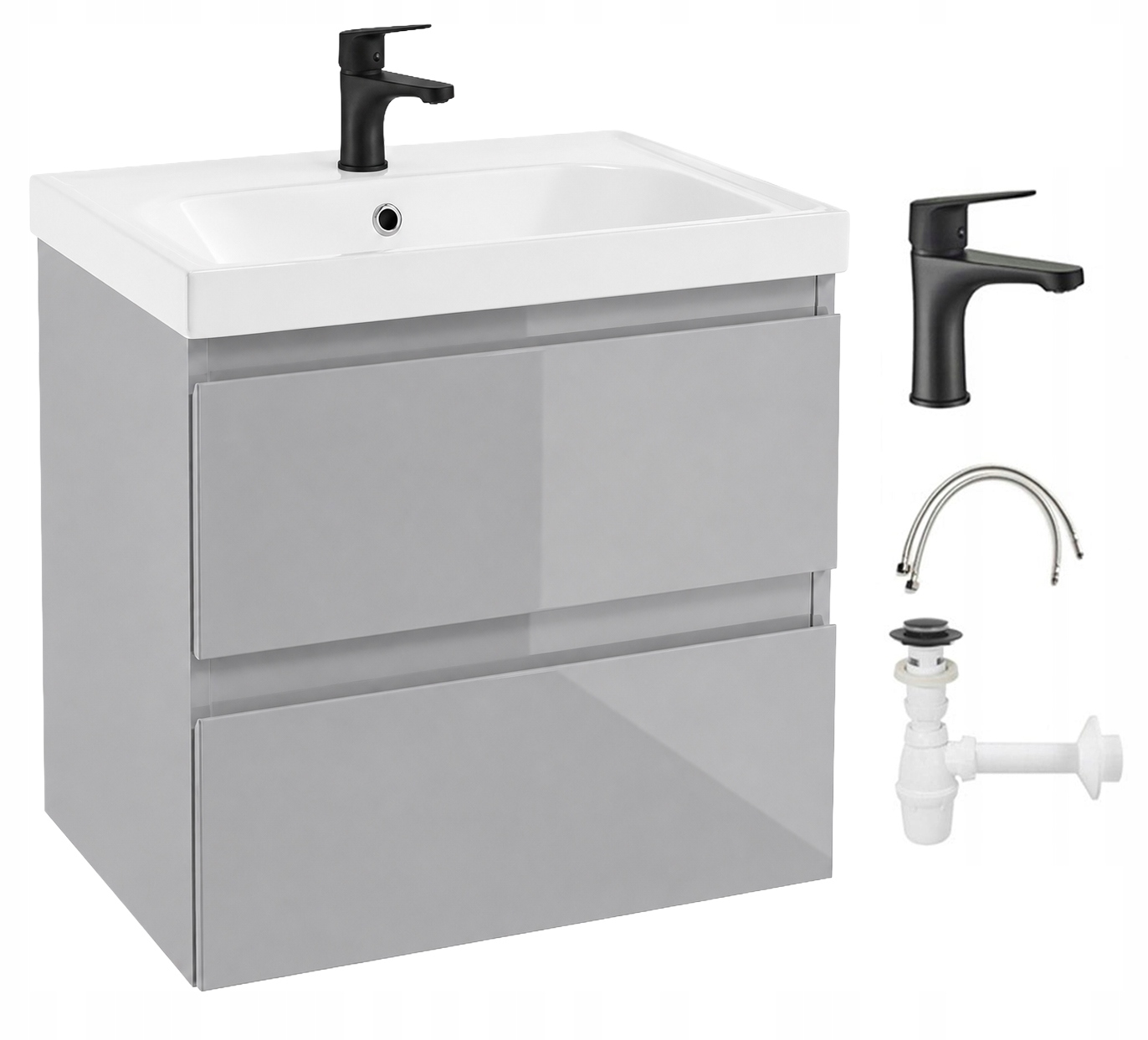 Wandhängender Badezimmerschrank Mit Waschbecken Und Schwarzem Wasserhahn, Hochglanzgrau, 60 Cm Durchmesser