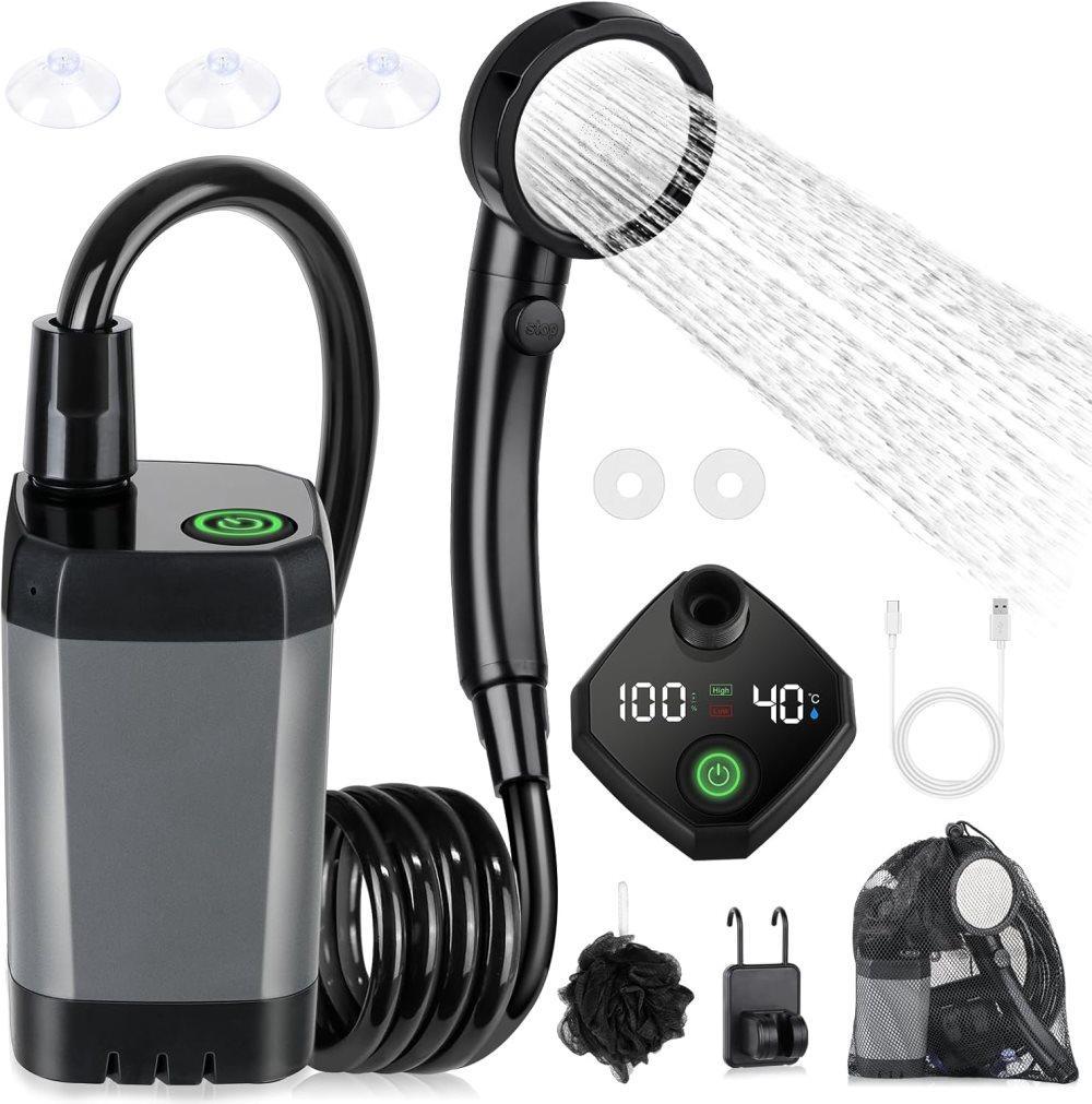 Tragbare Campingdusche – Spopal 6000 Mah Akku Mit Led-anzeige, 4 Sprühmodi, Ipx7 Wasserdicht, Grau