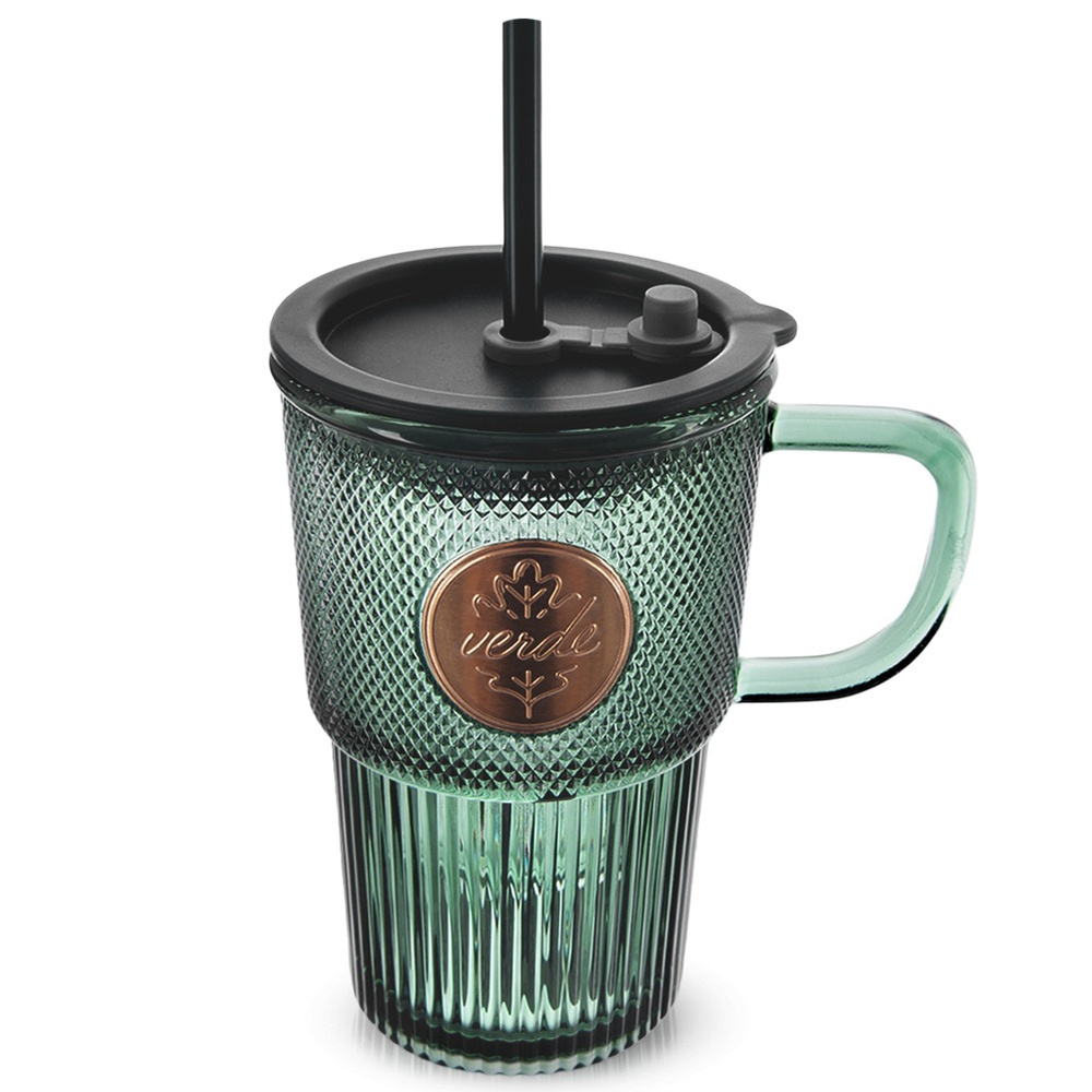 Glasbecher Mit Deckel Und Strohhalm, Grün, 450 Ml
