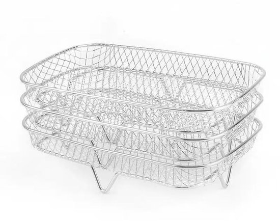 3 Teiliges, Stapelbares Airfryer Grillrost Set (19,4 X 13,5 X 4,2 Cm) Rechteckiges Turmdesign, Edelstahl, Grill Und Backofenzubehör