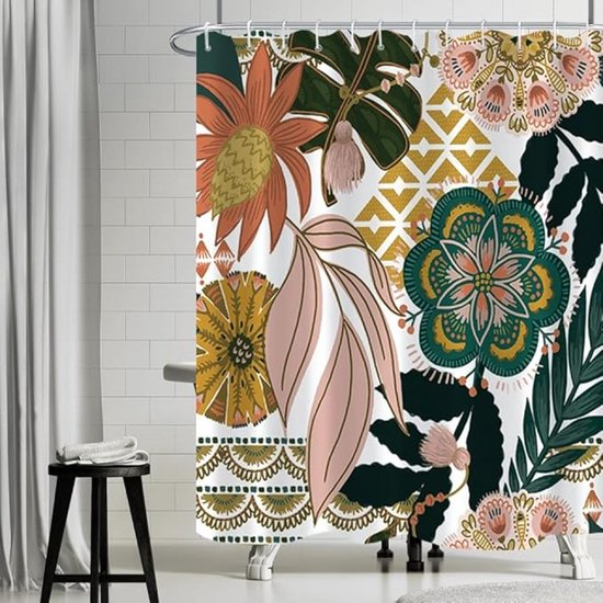 Duschvorhang Im Bohème Stil 180 X 180 Cm Mit Kunststoffhaken Für Bad Und Wc Blumenmuster: Grün, Blätter: Rosa Polyester