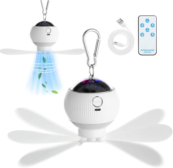 3 In 1 Campingventilator Mit Sternenprojektor Wiederaufladbarer Deckenventilator Led Laterne Mit Fernbedienung Wandmontage Möglich Für Camping, W
