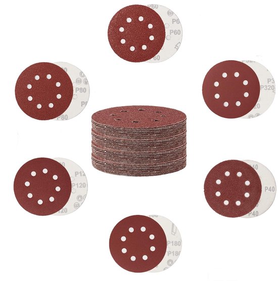 Packung Mit 30 5 Zoll Schleifpads Mit 8 Löchern Und Klettverschluss, Rote Schleifpads, Verschiedene Körnungen, Für Schienenschleifmaschinen, Körn
