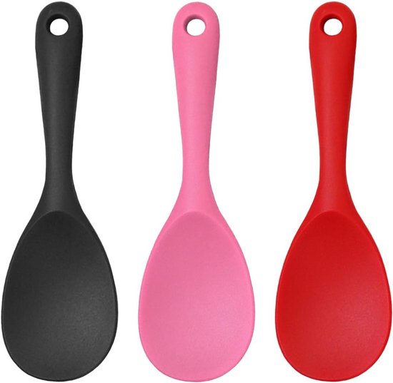 Set Mit 3 Lebensmittelechten Silikon Kochlöffeln Hitzebeständiger, Antihaftbeschichteter Suppenlöffel Und Reislöffel Für Die Küche (schwarz, Rosa