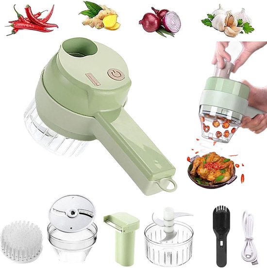 4 In 1 Tragbares Elektrisches Gemüseschneide Set, Multifunktionale Mini Knoblauchmühle, Tragbare Küchenmaschine Mit Bürste, Für Knoblauch, Chili,