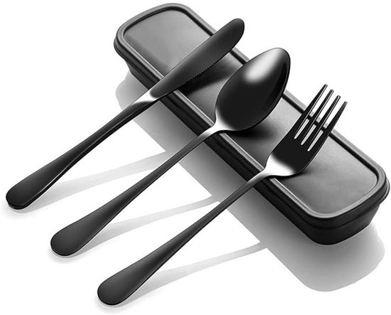 Tragbares Besteckset Mit Tasche 4 Teiliges Wiederverwendbares Edelstahlbesteck Schwarz Für Mittagessen, Camping, Schule, Picknick, Arbeit Und Rei