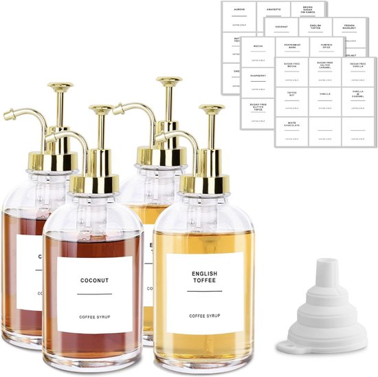 Kaffeesirup Spender Set 4 X 500 Ml Flaschen Mit Pumpe Inkl. Etiketten Für Kaffeebar, Sirup Und Küchenorganisation