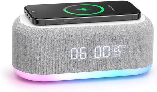 6 In 1 Digitalradiowecker Mit 15 W Wireless Ladestation, Bluetooth Lautsprecher, 9 Stufiger Rgb Ambientebeleuchtung, Für Schlafzimmer Und Büro, E