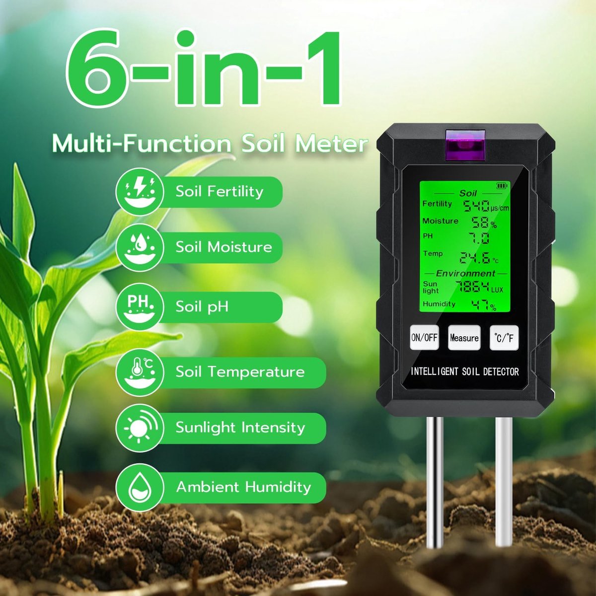 6 In 1 Gerät: Ph Meter, Bodenfeuchtemesser, Thermometer, Fruchtbarkeitsmesser, Solarlichtmesser Und Umgebungsfeuchtigkeitsmesser Für Pflanzen