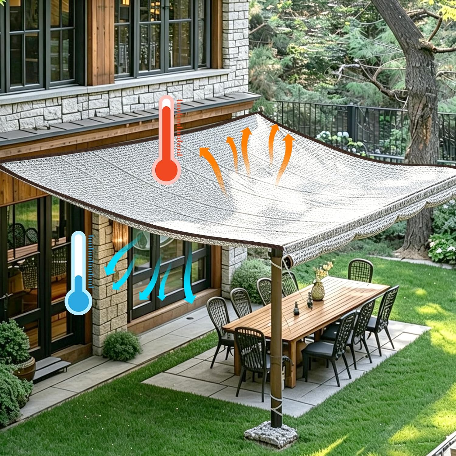 Aluminium Sonnenschutzgewebe 3 X 3 M 80 % Reflektierend Silber Atmungsaktives Netzgewebe Mit Ösen Sonnenschutzgewebe Für Wohnmobil, Zelt, Garten,