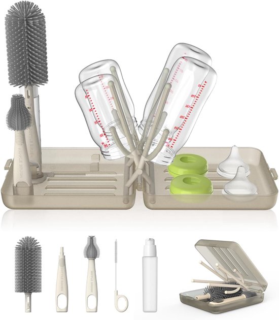 Reiseflaschenbürsten Set 5 Teilig 3 Bürsten, 1 Unterbehälter, 1 Aufbewahrungsbox (mit Abtropföffnung) Tragbares Flaschenreinigungsset Mit Silikon