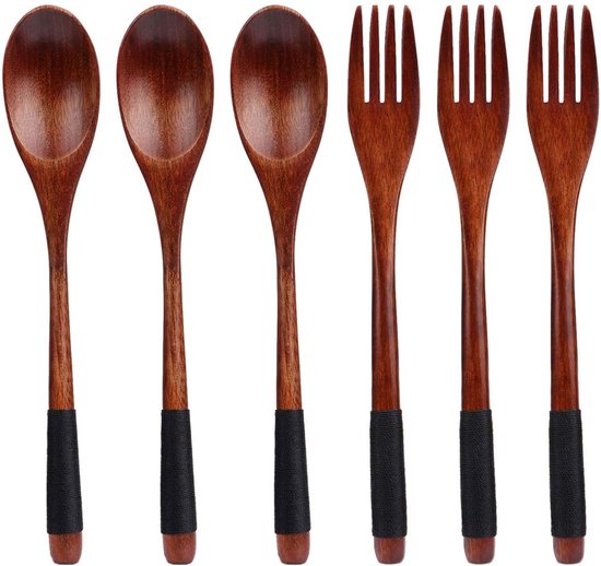 6 Teiliges Holzbesteck Set, Schwarz Holzlöffel Und Gabeln Wiederverwendbares Essbesteck