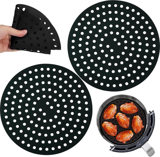 Runde Silikon Airfryer Matten (20 Cm Durchmesser), 2 Stück Antihaftbeschichtet, Wiederverwendbar, Perforiert, Hitzebeständig, Spülmaschinenfest,