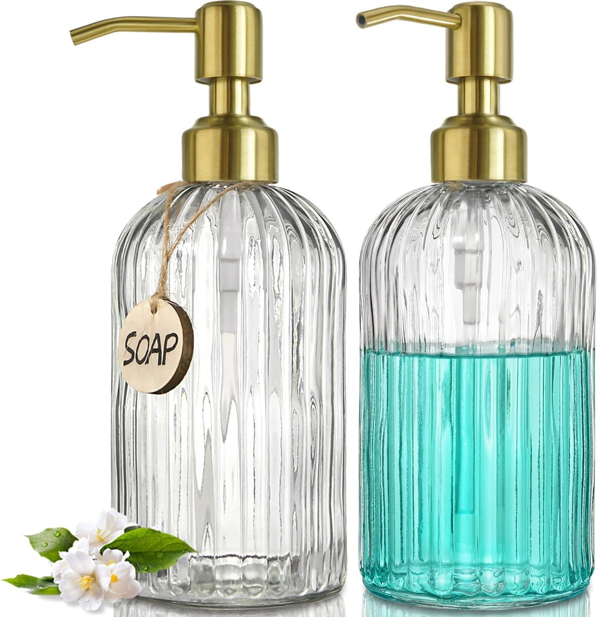 2-teiliges Seifenspender-set Aus Glas – 400 Ml Mit Goldener Pumpe, Bambusschale, Trichter Und 18 Aufklebern – Transparenter Spender – 400 Ml – 2-teilig