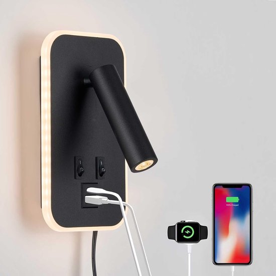 Wandleselampe Usb C Und Usb A Anschlüsse Verstellbar 10 W + 3 W 3000 K Warmes Licht Netz Oder Kabelanschluss Fürs Schlafzimmer Schwarz