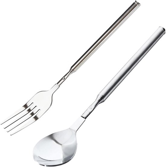 Teleskopgabel Und Löffel Aus Edelstahl Tafelgabel Für Grillen Abendessen Obst Dessert Verlängertes Gabelbesteck Zum Kochen 21,8 Cm 64,5 Cm 2 Te
