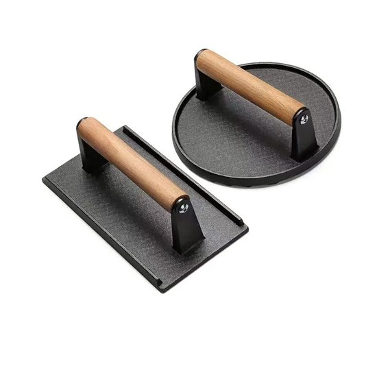 Hamburgerformen, Runde Formen Mit 18 Cm Durchmesser Und Rechteckige Formen Mit 20 Cm X 10 Cm, Aus Schwerem Gusseisen Mit Holzgriffen (rund Und Re