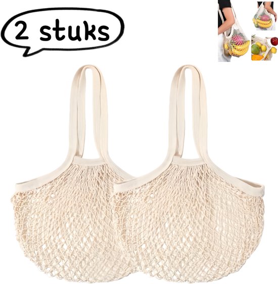 2 Teilige Einkaufstasche Baumwollnetz Mit Henkel Baumwollnetz Obst Und Gemüsenetz Cremeweiß