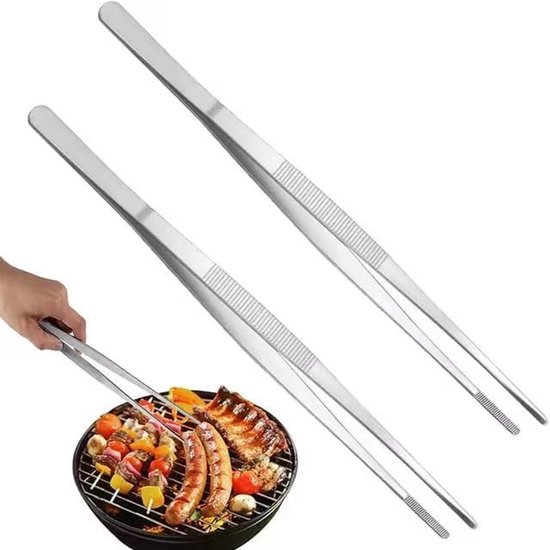 Set Mit 2 Küchenzangen, 30 Cm Lange Edelstahl Lebensmittelzange Mit Feinen Spitzen, Extra Lange Gerade Zange
