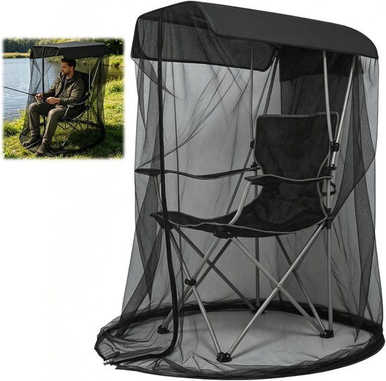 Moskitonetz (160 Cm Hoch) Für Stuhl Mit Sonnendach Schwarzes Netzgewebe Mit Reißverschluss Und Wasserdichtem Dach (89 X 81 Cm) Für Angel Und Camp