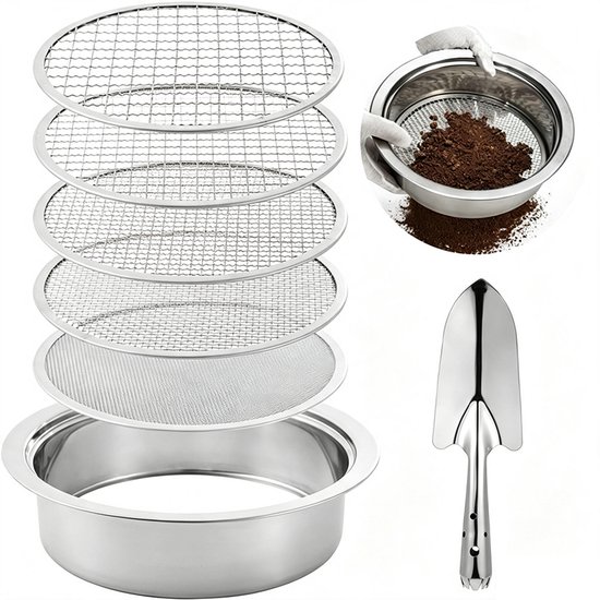 Bodensieb Set Gartensieb 5 In 1 Bodensieb Set Kompostsieb Siebgrößen: 1, 3, 6, 9 Und 12 Mm Inklusive Schaufel Und Siebrahmen Zum Sieben Von Erde,