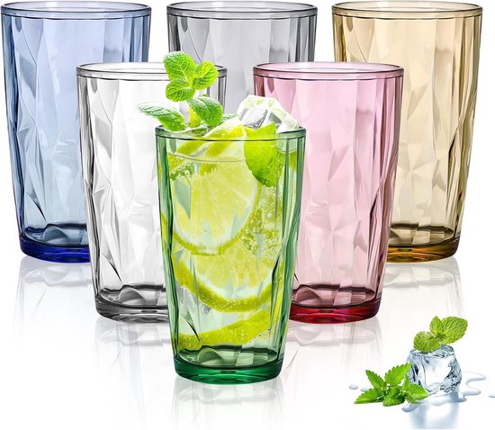 Set Mit 6 Großen Trinkgläsern À 470 Ml, Farbenfrohe Kunststoff Langbecher Für Wasser, Saft Und Cocktails