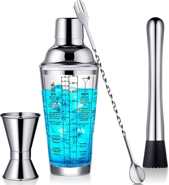 4 Teiliges Cocktail Shaker Set, 400 Ml Martini Glas, Shakerbecher, Weihnachtsgeschenk, Edelstahl Drinkshaker, Margarita Barset, Cocktailmixer Mit