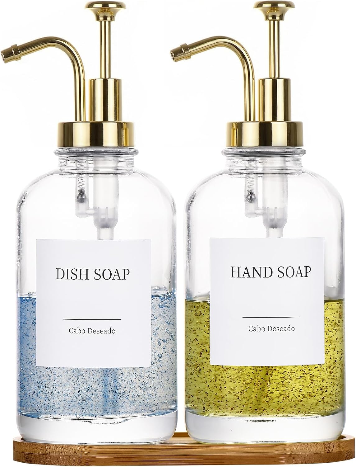 2-teiliges Seifenspender-set Aus Glas – 500 Ml Mit Goldener Pumpe, Bambusschale, Trichter Und 18 Aufklebern – Transparenter Spender – 500 Ml – 2-teilig