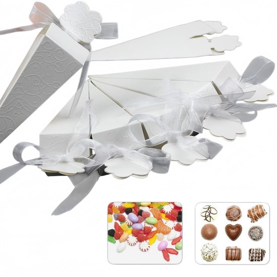 100 Weiße, Kegelförmige Geschenkboxen Behälter Für Konfetti/blütenblätter Kegel Mit Bändern Weiße, Geprägte Bänder Für Hochzeiten, Geburtstage, T