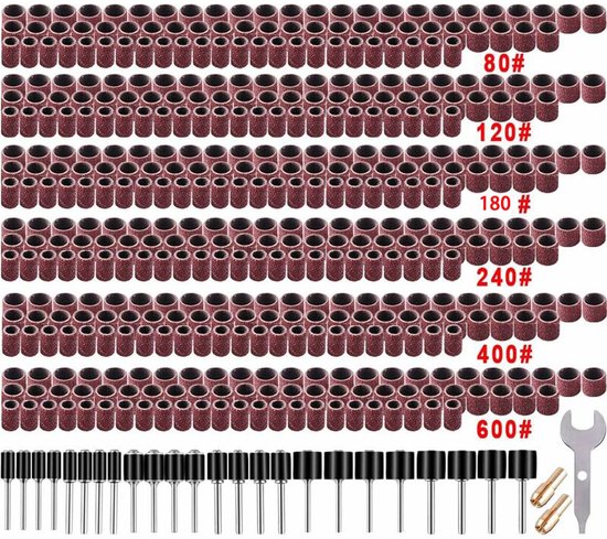 Schleifhülsen Schleiftrommelset 510 Teilig Mit 504 Schleifbändern, 24 Schleiftrommeldornen, 2 Selbstspannenden Bohrfuttern Und 1 Kombinationsschl
