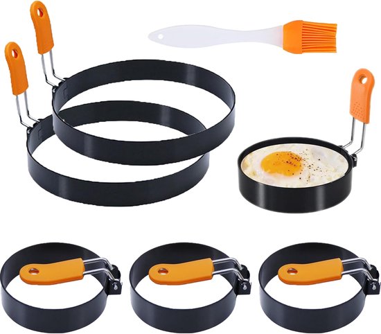 6 Teiliges Set Eier Und Pfannkuchenringe Mit Silikongriff Und Ölpinsel Pfannkuchenform Set Pfannkuchenform Spiegeleiform Edelstahl 4 X 8,9 Cm + 2