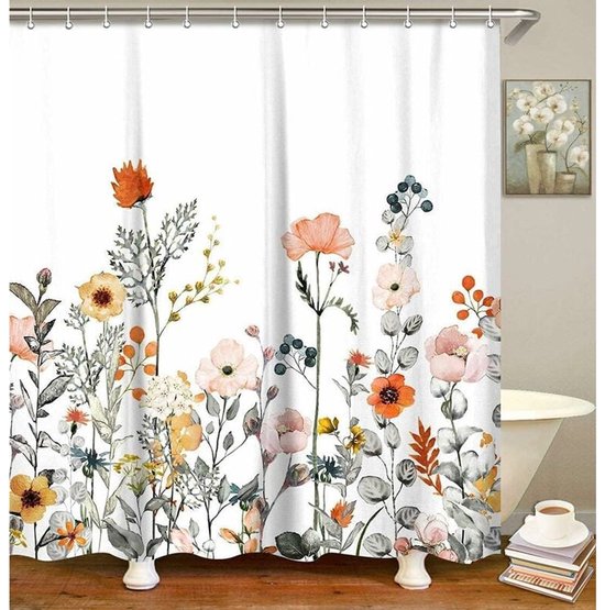 Stoffduschvorhang Mit 12 Haken, Blumenmuster Modernes Badezimmeraccessoire Maschinenwaschbar 180 X 200 Cm